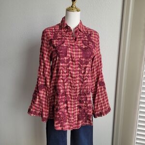 Johnny Was Martina Kimono Sleeve Oversized Plaid Button-Up XS Bohemian Western